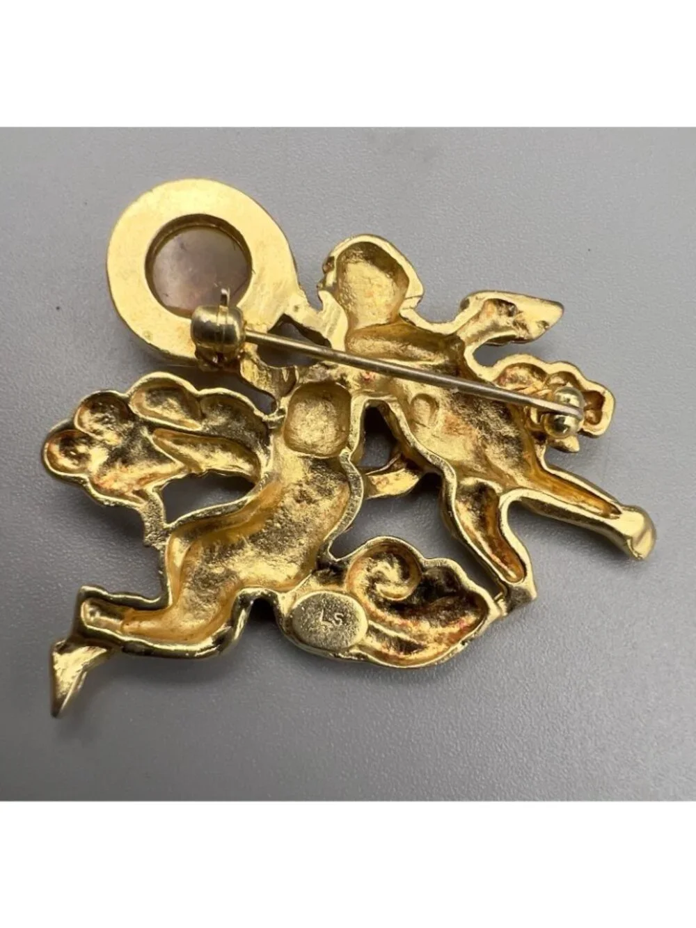 Vintage Signed LS Louis Stern Cherub Angel Brooch Gold Tone Amber Cabochon Pin